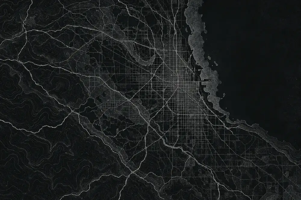 Illustrated terrain surrounding the fictional Chi-Town sector