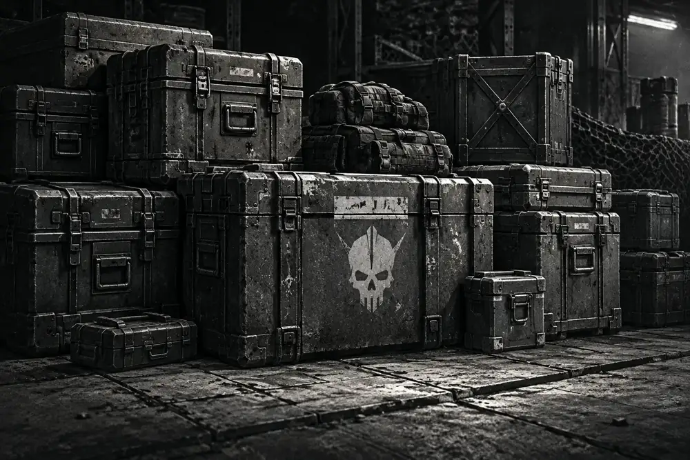 Military supply crates in a dim depot